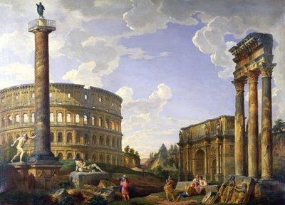Capriccio romano che mostra il Colosseo, il Guerriero Borghese, la Colonna Traiana, il Galata morente, la Tomba di Cestio, l